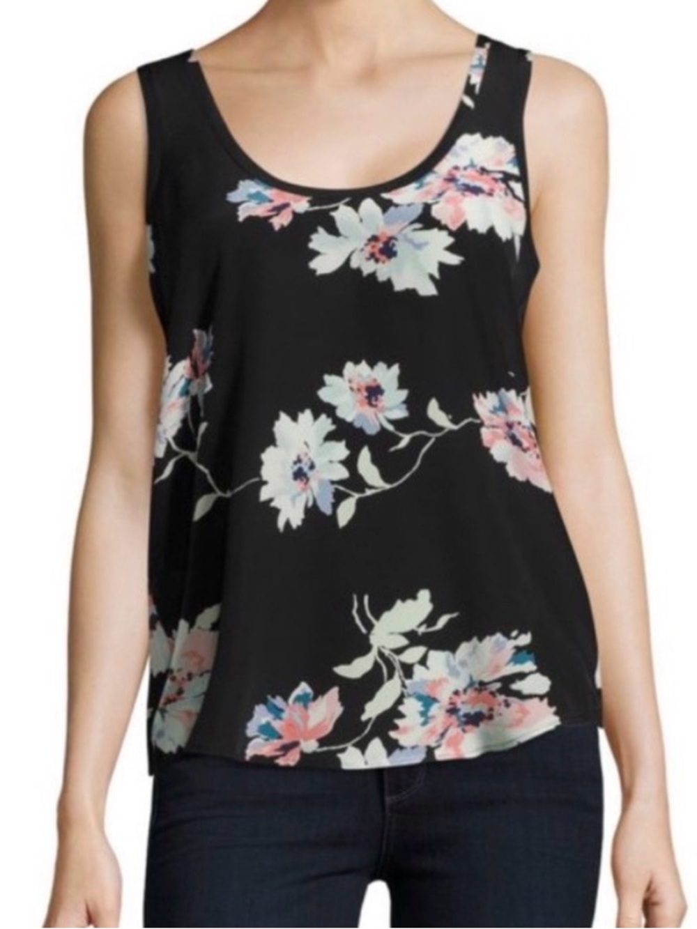 Joie Annabeth Floral Scoop Neck Tank Top - Black, Women’s Small, 100% Silk